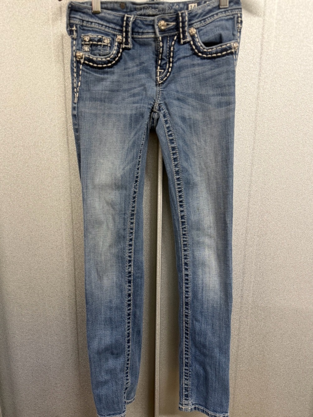 Miss Me Skinny Jeans Y2K Rhinestone Stitch Flap Pocket Girls 14